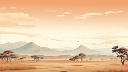 a vibrant illustration capturing the beauty of a savanna landscape, featuring majestic mountains and a picturesque countryside sky. created in the distinct style of large-scale murals from the vancouver school, this artwork showcases a harmonious blend of light orange and dark gray hues. shot using the sony alpha a7 iii camera, it embodies the essence of the arts and crafts movement and is presented onの素材