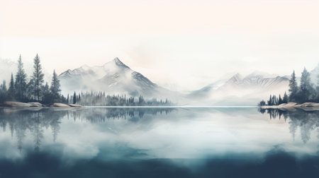 mountains surrounded by a lake, depicted in a conceptual digital art style. the soft mist adds an ethereal touch to the scene, while the 8k resolution ensures stunning detail. eastern brushwork techniques are employed, resulting in a captivating blend of dark white and sky-blue hues. these romantic illustrations beautifully capture the essence of nature. ai generatedの素材
