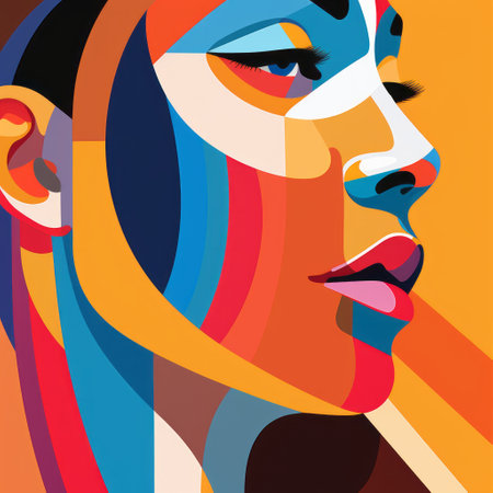a colorful graphic design poster art featuring a woman with a vibrant face. the artwork showcases a diverse color palette, with simplified and stylized portraits. it embodies elements of futurism, with bold shadows and powerful portraits, while maintaining a sense of serenity in the faces depicted. ai generatedの素材