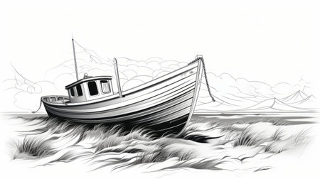 an old wooden sailing boat, drawn in black and white, showcases a realistic landscape with soft edges. the cartoonish style, reminiscent of ron arad's work, captures the essence of the scene. rusty debris adds character to the smooth lines, while rashad alakbarov's heavy inking technique adds depth and texture to the artwork. ai generatedの素材