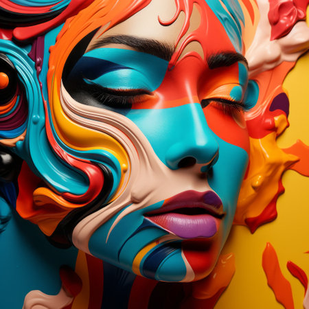 a digital painting created by machine learning (ml) in a style characterized by colorful and eye-catching compositions. the artwork showcases fluid and loose brushstrokes, incorporating photo-realistic techniques to capture detailed facial features. the bright sculptures and vibrant color palette add to the overall appeal, while colorful curves enhance the visual impact. ai generatedの素材