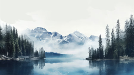 mountains and lake in a double exposure style photo. the background showcases misty gothic mountains with a naturalistic rendering. the lake is depicted in light white and dark aquamarine tones, creating a whistlerian and nature-inspired art piece. this 8k resolution photo captures the beauty of the mountains and the serenity of the lake. ai generatedの素材
