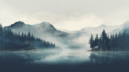 a photo capturing the atmospheric woodland imagery of a forest and lake, with clouds, smoke, and fog adding a touch of mystery. the delicately rendered landscapes showcase dark aquamarine and gray tones, reminiscent of whistlerian art. the mountainous vistas and reflections create an adventure-themed ambiance in this captivating scene. ai generatedの素材