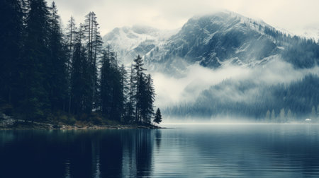 a surreal and dreamlike image of a mountain lake on a foggy day. the uhd image showcases a captivating blend of dark teal and light white tones, creating a vintage-inspired atmosphere. with depictions of inclement weather, this picture beautifully captures the untamed wilderness and nature's enchanting allure. ai generatedの素材