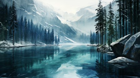 a digital painting of a frostpunk-inspired lake scene, featuring trees surrounded by water. the artwork showcases light white and turquoise tones, capturing the essence of mountainous vistas. with high definition and clear edge definition, this lively nature scene brings the beauty of the outdoors to life. ai generatedの素材