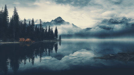 a stunning 8k resolution image featuring a serene lake surrounded by trees and clouds. the layered and atmospheric landscape creates a mysterious backdrop reminiscent of whistlerian art. with its dark teal and light gray tones, this adventure-themed photo captures the breathtaking beauty of nature. ai generatedの素材