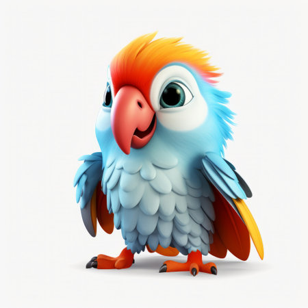 a cartoon parrot perches on a white surface, showcasing soft edges and atmospheric effects. the inventive character designs by john wilhelm are evident, with detailed feather rendering and a playful character design. the parrot's vibrant colors of light azure and orange add to its charm. ai generatedの素材