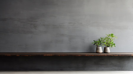 a concrete wall adorned with two plants in a wooden vase, showcasing a monochrome palette and a dark silver color scheme. the minimalist color field creates a serene and peaceful ambiance, while the industrial minimalism adds a touch of restored and repurposed charm. the overall composition evokes a serene feeling. ai generatedの素材