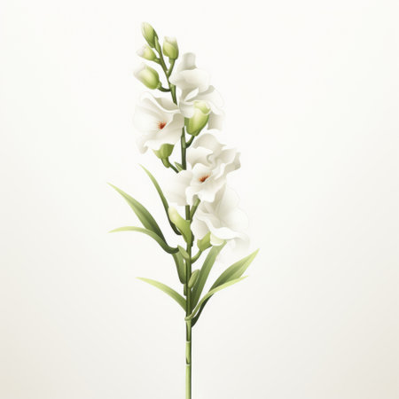a white flower, depicted with realistic forms and subtle shading, stands out against a white background. this traditional-style artwork, created in the gongbi technique, showcases a detailed character design. the color scheme includes shades of green and beige, enhancing the realistic portrayal of the flower. ai generatedの素材