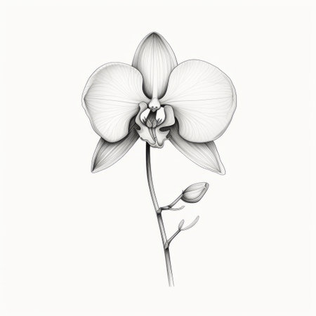 a black and white floral drawing of an orchid on a white background. the drawing is done in a minimalistic geometry style, with detailed anatomy and light gray and light amber tones. the fine lines and delicate curves showcase the detailed wildlife of the orchid. the drawing also exhibits minimalistic symmetry and is inspired by graphic design. ai generatedの素材