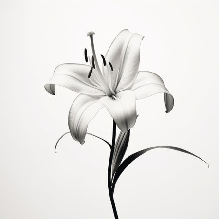 white lily flower with black spots, reminiscent of the artistic styles of nick veasey, roxy paine, and james bullough. this elegant calligraphy-inspired image captures a realistic portrayal of light and shadow, appealing to both abstract minimalism appreciators and those who appreciate symbolic images. ai generatedの素材
