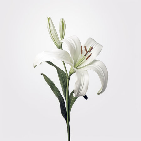 a white lily, depicted in a hyper-realistic style, stands out against a gray background. this high-resolution image showcases the minimalistic beauty of the ivory-colored flower, with its realistic details and contrasting dark white and green hues. ai generatedの素材