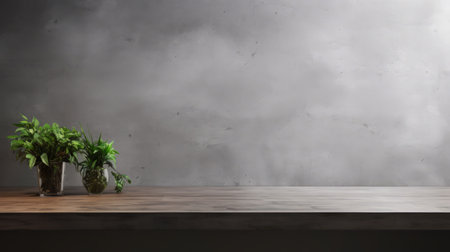 a table on a concrete wall with potted plants, creating a minimalist background. the dark gray 8k resolution image showcases a wood sculptor's industrial and product design. the clear edge definition enhances the light gray and gray tones in the photograph. ai generatedの素材