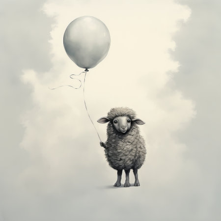 a sheep floats in the sky holding a balloon, creating a surreal and whimsical scene. the muted tones and realistic portrayal of light and shadow enhance the dreamlike quality of the image. with influences from artists like gris grimly and jean-baptiste monge, the 8k resolution captures every detail of this simplistic cartoon-like artwork by frieke janssens. ai generatedの素材