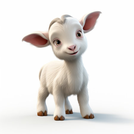 a cartoon goat, with lively facial expressions, stands confidently in front of a white background. this whimsical artwork, created in the style of daz3d and anne geddes, carries powerful symbolism. the image captures the essence of nature and innocence, reminiscent of the works of albert bierstadt. a delightful creation by michael malm, this artwork can be found on flickr. ai generatedの素材