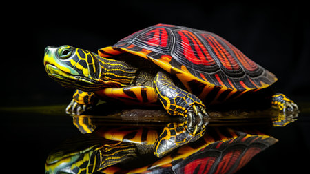 a vibrant red turtle stands out against a striking black background in this captivating national geographic photo. the bold and colorful lines create a visually stunning composition, while reflections and mirroring add depth to the image. captured through tabletop photography, this 32k uhd picture showcases the mesmerizing combination of yellow and red hues. created by the talented photographer serge marshennikov. ai generatedの素材