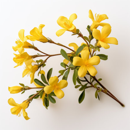 a stunning photo of jasminum nudiflorum, displaying its vibrant colors, intricate details, and captivating beauty. the flower is captured in hyper-realistic, high-definition quality against a clean white background, without any shadows. this remarkable image was taken using a nikon d850 dslr camera with a 105mm macro lens, ensuring maximum detail and resolution at f/11, iso 200, and a shutter speed of 1/125. ai generatedの素材
