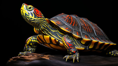 a rare and colorful redbellied turtle is captured in this 8k resolution photograph at a nature reserve. the turtle's dark crimson and yellow hues create an optical illusion, resembling intricate body-painting. the hyper-realistic bird studies and meticulous design make this tabletop photography a captivating visual experience. ai generatedの素材