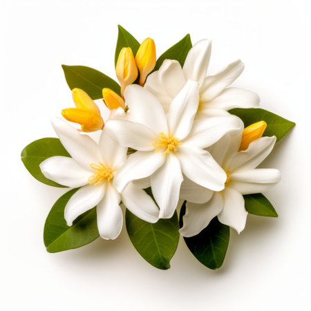 a stunning photograph of jasminum laurifolium, displaying its vibrant colors, intricate details, and distinctive beauty. this hyper-realistic image was taken with a nikon d850 dslr camera and a 105mm macro lens, ensuring maximum detail and resolution. the flower is showcased against a clean white background, without any shadows, allowing its features to truly shine. ai generatedの素材