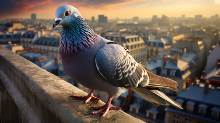 a pigeon perched on a weathered building in the heart of the city. the photo showcases a light gray and violet color palette, capturing the grandiose cityscape views. the image is in sharp focus, with hints of sky-blue and crimson. the nature-inspired imagery highlights the dignified poses of the pigeon. ai generatedの素材