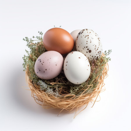 a nest with vibrant eggs, showcasing a beautiful blend of colors on a clean white background. this national geographic photo captures the organic forms and patterns of the eggs, featuring a light pink and dark brown palette. the image has a dotted, monochromatic aesthetic, with a touch of light amber and gray tones. shot on fujifilm eterna 500t type 8573 film. ai generatedの素材