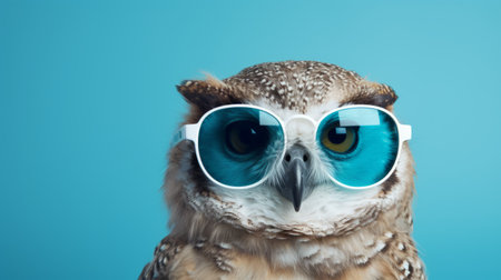 an owl wearing sunglasses, showcasing narrative-driven visual storytelling with a light cyan and white color palette. this uhd image features bold color fusions and realistic color schemes, enhanced by minimal retouching. the clever wit of the owl adds an extra layer of charm to this captivating photograph. ai generatedの素材