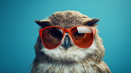 an owl wearing sunglasses is captured in this photo against a vibrant blue background. the image showcases the use of vray tracing and photo-realistic techniques, resulting in a detailed depiction of the owl. the saturated colorism adds to the visual appeal, while the cross processing technique enhances the overall aesthetic. the combination of dark white and orange tones creates a striking contrast. this photo seamlesslyの素材