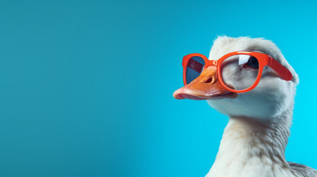 a duck wearing a pair of glasses is captured in this photograph, showcasing a unique and innovative style of saturated color field. the commercial imagery features a combination of light orange and white tones, while the wide lens captures the ultra-detailed image of the duck. the photograph stands out with its angular composition and the use of innovating techniques. ai generatedの素材