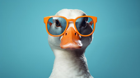 a goose wearing sunglasses and a yellow beak stands out in this photo. the bold saturation and innovative style, combined with tilt-shift lenses, create a unique effect. the dark white and light orange tones, along with the fish-eye lens, add to the overall composition. the clear edge definition and quantumpunk elements enhance the captured spontaneity feeling. ai generatedの素材
