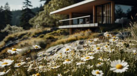 sleek hillside house design by olson kundig captured in this international style architecture photography. the close-up shot features a blurred daisy in the foreground, adding a touch of nature to the composition. shot in 8k from a cinematic perspective, the image showcases professional color grading, epic volumetric lighting, and sharp focus. taken with a sony alpha a7 iii camera and a sony fe 24-105mm f/4の素材