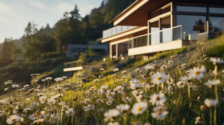 sleek hillside house design by olson kundig captured in this international style architecture photography. the close-up shot features a blurred daisy in the foreground, adding a touch of nature to the composition. shot in 8k from a cinematic perspective, the image showcases professional color grading, epic volumetric lighting, and sharp focus. taken with a sony alpha a7 iii camera and a sony fe 24-105mm f/4の素材