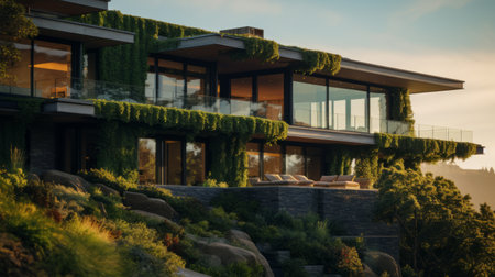 sleek hillside house design by olson kundig captured in this romanesque architecture photography. the close-up shot showcases the blurred ivy in the foreground, adding a touch of natural beauty. shot in 8k from a cinematic perspective, the composition is enhanced by professional color grading, epic volumetric lighting, and sharp focus. the film grain and atmospheric elements create a captivating atmosphere. this stunning image was capturedの素材