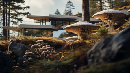 sleek hillside house design by olson kundig captured in a postmodern architecture photography. the close-up shot features a blurred mushroom in the foreground, adding depth to the composition. shot in 8k from a cinematic perspective, the image showcases professional color grading, epic volumetric lighting, and sharp focus. taken with a sony alpha a7 iii camera and a sony fe 24-105mm f/4 g oss lens, theの素材