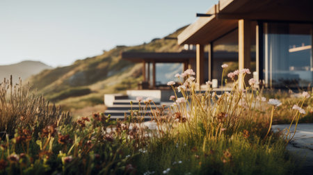 shingle architecture photography of sleek hillside house design by olson kundig. close-up shot of a blurred flower in the foreground. shot in 8k from a movie-like composition, with professional color grading and epic volumetric lighting. the image showcases sharp focus, film grain, and a captivating atmosphere. captured using a sony alpha a7 iii camera with a sony fe 24-105mm f/4 g oss lens. available inの素材
