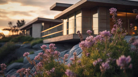shingle architecture photography of sleek hillside house design by olson kundig. close-up shot of a blurred flower in the foreground. shot from a movie-like perspective, with a cinema composition and professional color grading. the image features epic volumetric lighting, sharp focus, film grain, and a captivating atmosphere. captured using a sony alpha a7 iii camera with a sony fe 24-105mm f/4 g oss lens. availableの素材