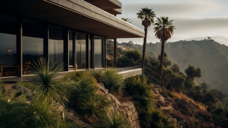 shingle architecture photography of sleek hillside house design by olson kundig. close-up shot of a blurred palm tree in the foreground. shot in 8k from a cinematic perspective, with professional color grading and epic volumetric lighting. the image showcases sharp focus, film grain, and a captivating atmosphere. captured using a sony alpha a7 iii camera with a sony fe 24-105mm f/4 g oss lens. uhdの素材