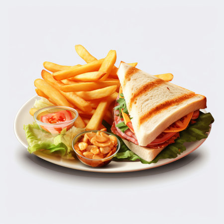 a plate featuring a delicious grilled sandwich, accompanied by crispy french fries and a refreshing drink, is showcased on a clean white background. the image is digitally enhanced, capturing the traditional vietnamese style with a touch of realism and lifelike accuracy. the photo exhibits photo-realistic techniques, reminiscent of the group f64, while incorporating subtle chromatism. ai generatedの素材