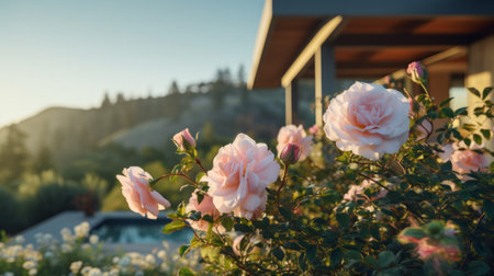 sleek hillside house design by olson kundig captured in this organic architecture photography. the close-up shot features a blurred rose in the foreground, adding a touch of natural beauty. shot in 8k resolution from a cinematic perspective, the image showcases professional color grading, epic volumetric lighting, and sharp focus. the film grain and atmospheric elements enhance the overall aesthetic. taken with a sony alpha a7の素材