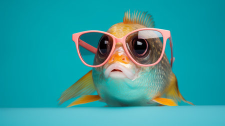 a fish wearing glasses is seen lying on a turquoise background with a blue background. this bold fashion photography image showcases a humorous animal scene. the style of focus stacking, along with the use of light pink and yellow, adds a charming touch to the intense close-up. the large format lens captures the details of this charming character. ai generatedの素材