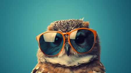 an owl wearing sunglasses is portrayed in this image, which has been processed in the style of cross-processing. the colors are a combination of dark orange and light blue, creating a realistic still-life effect. the image showcases elements of industrial and product design, while also highlighting the beauty of exotic birds. the photo-realistic techniques used in this image enhance its naturalistic realism. ai generatedの素材