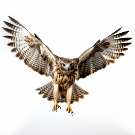 a hawk soars gracefully through the air, its majestic wings fully extended. this stunning photograph captures the bird's flight against a clean white background, showcasing its beauty and power. with an 8k resolution, this national geographic photo is a true masterpiece. the image combines elements of hybrid creature compositions and foreshortening techniques, resulting in an eye-catching composition. the influence of precisionism is evident in theの素材