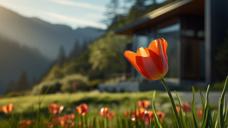 sleek hillside house design by olson kundig captured in a postmodern architecture photography. the close-up shot features a blurred tulip in the foreground, adding depth to the composition. shot in 8k from a cinematic perspective, the image showcases professional color grading, epic volumetric lighting, and sharp focus. captured with a sony alpha a7 iii camera and a sony fe 24-105mm f/4 g oss lens, theの素材