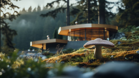 sustainable architecture photography of sleek hillside house design by olson kundig. close-up shot of a blurred mushroom in the foreground adds depth to the composition. shot in 8k from a cinematic perspective, with professional color grading and epic volumetric lighting. the image showcases sharp focus, film grain, and a captivating atmosphere. captured using a sony alpha a7 iii camera with a sony fe 24-105mm f/4の素材