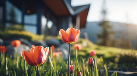 sleek hillside house design by olson kundig captured in a postmodern architecture photography. the close-up shot features a blurred tulip in the foreground, adding depth to the composition. shot in 8k from a cinematic perspective, the image showcases professional color grading, epic volumetric lighting, and sharp focus. captured with a sony alpha a7 iii camera and a sony fe 24-105mm f/4 g oss lens, theの素材