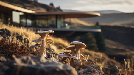 sustainable architecture photography of sleek hillside house design by olson kundig. close-up shot of a blurred mushroom in the foreground adds depth to the composition. shot in 8k from a cinematic perspective, with professional color grading and epic volumetric lighting. the image showcases sharp focus, film grain, and a captivating atmosphere. captured using a sony alpha a7 iii camera with a sony fe 24-105mm f/4の素材