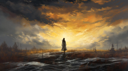 a person stands near the ocean in an armoured trench in this digital fantasy landscape painting. the tonalist and romantic illustration style creates a light white and amber color palette. the brushstroke fields add depth to the scene, while the god rays enhance the atmosphere. this artwork combines elements of anime art with a captivating and imaginative composition. ai generatedの素材