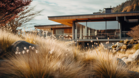 sleek hillside house design by olson kundig captured in this art deco architecture photography. the close-up shot features a blurred sedge in the foreground, adding depth to the composition. shot in 8k from a cinematic perspective, the image showcases professional color grading, epic volumetric lighting, and sharp focus. taken with a sony alpha a7 iii camera and a sony fe 24-105mm f/4 g oss lens,の素材