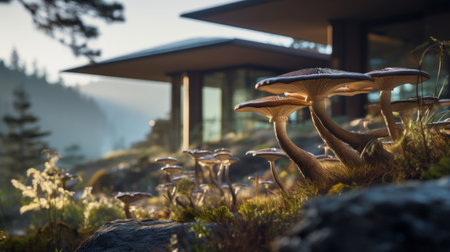 sustainable architecture photography of sleek hillside house design by olson kundig. close-up shot of a blurred mushroom in the foreground adds depth to the composition. shot in 8k from a cinematic perspective, with professional color grading and epic volumetric lighting. the image showcases sharp focus, film grain, and a captivating atmosphere. captured using a sony alpha a7 iii camera with a sony fe 24-105mm f/4の素材