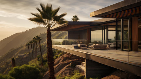 shingle architecture photography of sleek hillside house design by olson kundig. close-up shot with a blurred palm in the foreground. shot in 8k from a movie-like composition, featuring professional color grading and epic volumetric lighting. the image showcases sharp focus, film grain, and a captivating atmosphere. captured using a sony alpha a7 iii camera with a sony fe 24-105mm f/4 g oss lens. available inの素材