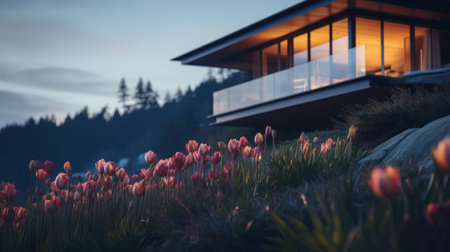 sleek hillside house design by olson kundig captured in a postmodern architecture photography. the close-up shot features a blurred tulip in the foreground, adding depth to the composition. shot in 8k from a cinematic perspective, the image showcases professional color grading, epic volumetric lighting, and sharp focus. captured with a sony alpha a7 iii camera and a sony fe 24-105mm f/4 g oss lens, theの素材